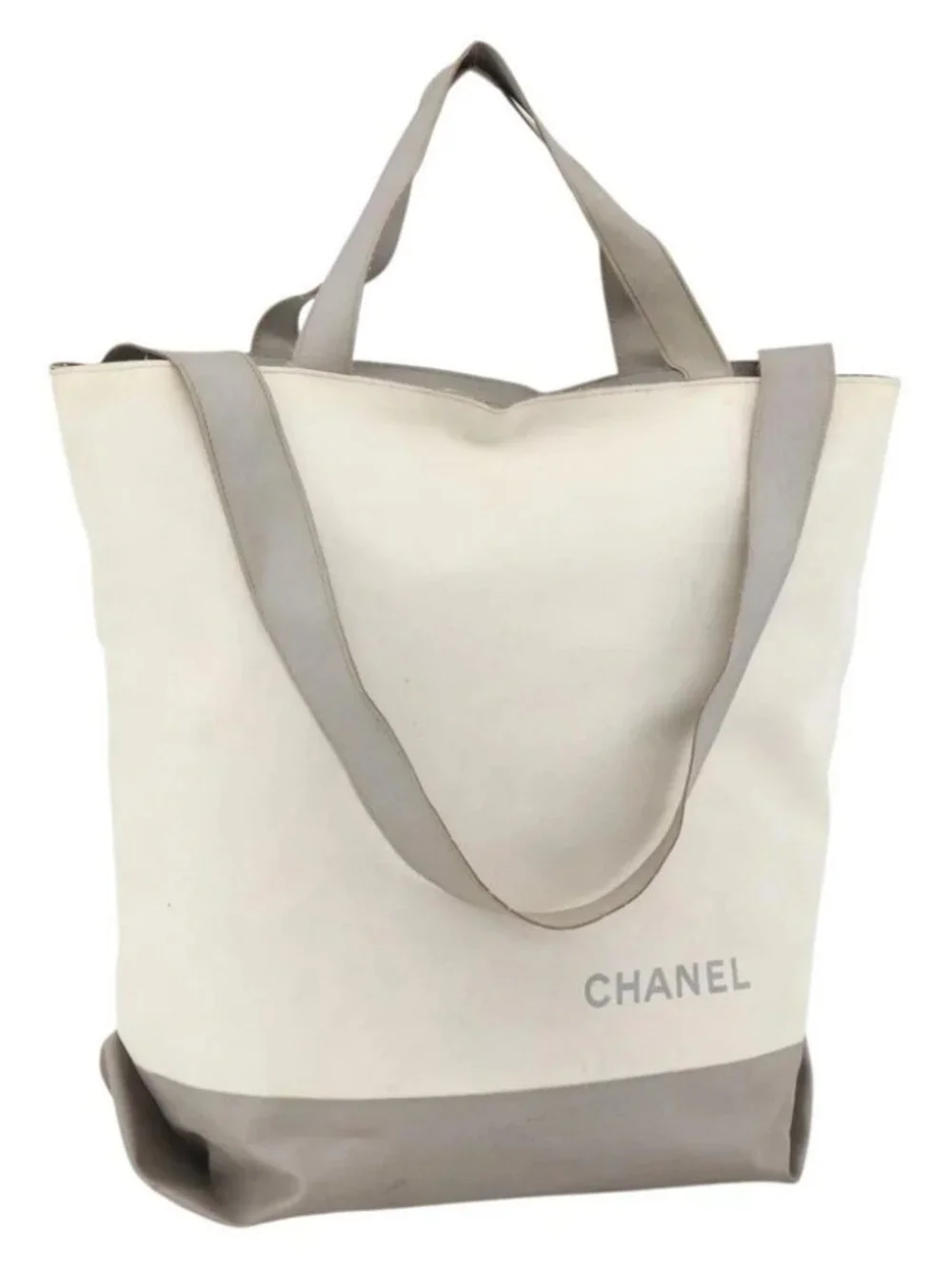 CHANEL Tote Bag Nylon White Silver CC Auth BSZ118
